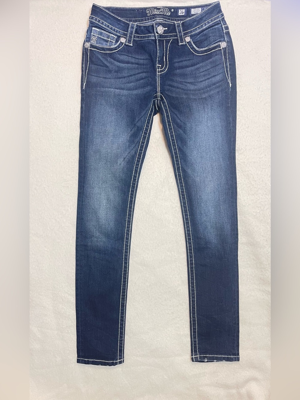 Miss Me Indigo Skinny Jeans with White Contrast Stitching